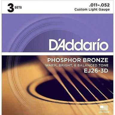 DAddario Ej26 3D Phosphor Bronze Acoustic Guitar Strings Custom Light 11 52 3 Sets-Buzz Music