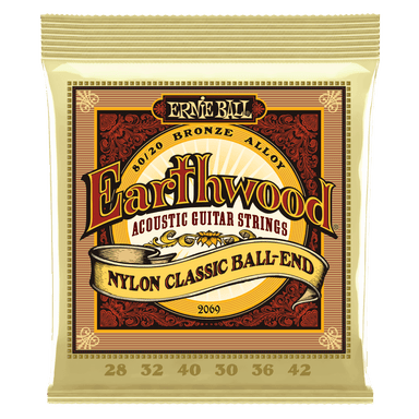 Ernie Ball Earthwood Folk Nylon, Clear & Gold Ball End, 80/20 Bronze Acoustic Guitar Strings - 28-42 Gauge-Buzz Music