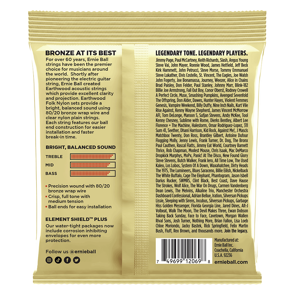 Ernie Ball Earthwood Folk Nylon, Clear & Gold Ball End, 80/20 Bronze Acoustic Guitar Strings - 28-42 Gauge-Buzz Music