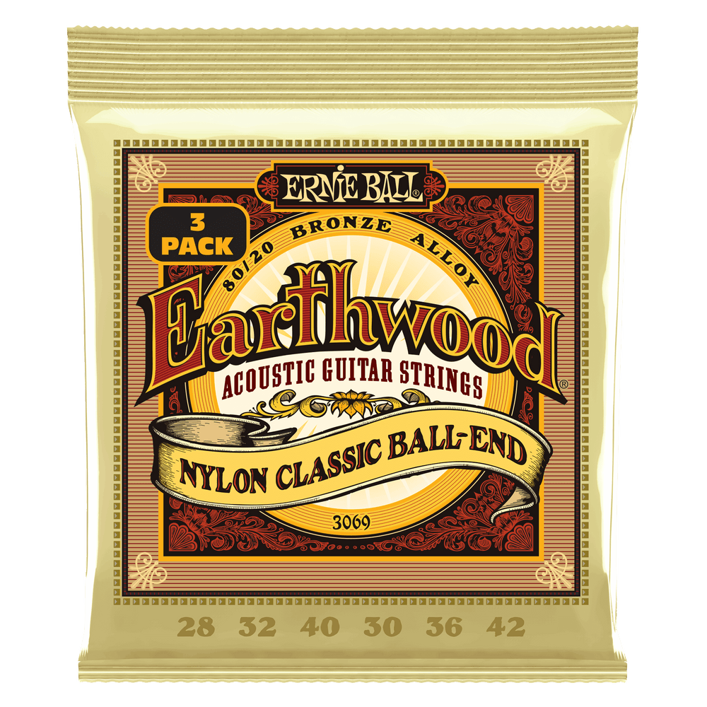 Ernie Ball Erthwd Folk Nylon, Clear And Gold W/Ball End, 8020 Brnz Ac Gtr Strings 3 Pk 28 42-Buzz Music