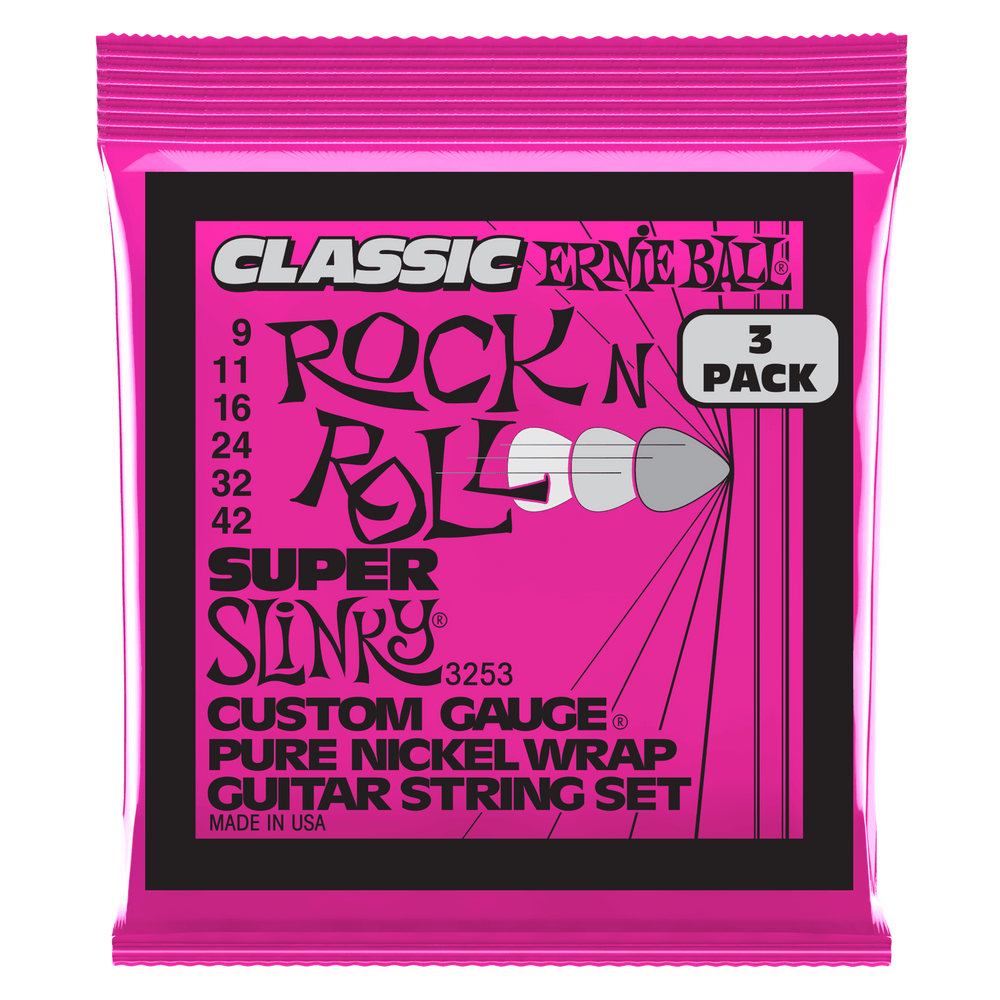 Ernie Ball Super Slinky Classic Rnr Pure Nckl Elec Gtr Strings 3 Pk 9 42-Buzz Music