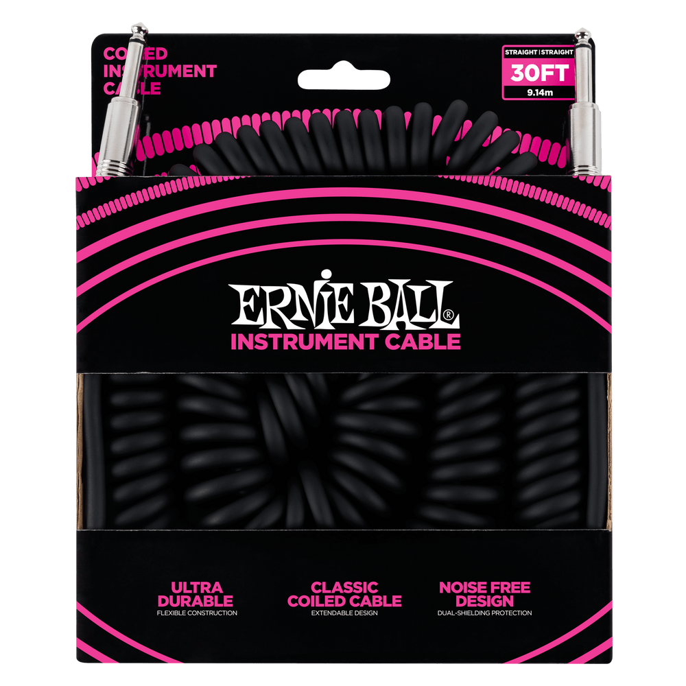 Ernie Ball 30 Coiled Straight / Straight Instrument Cable - Black-Buzz Music