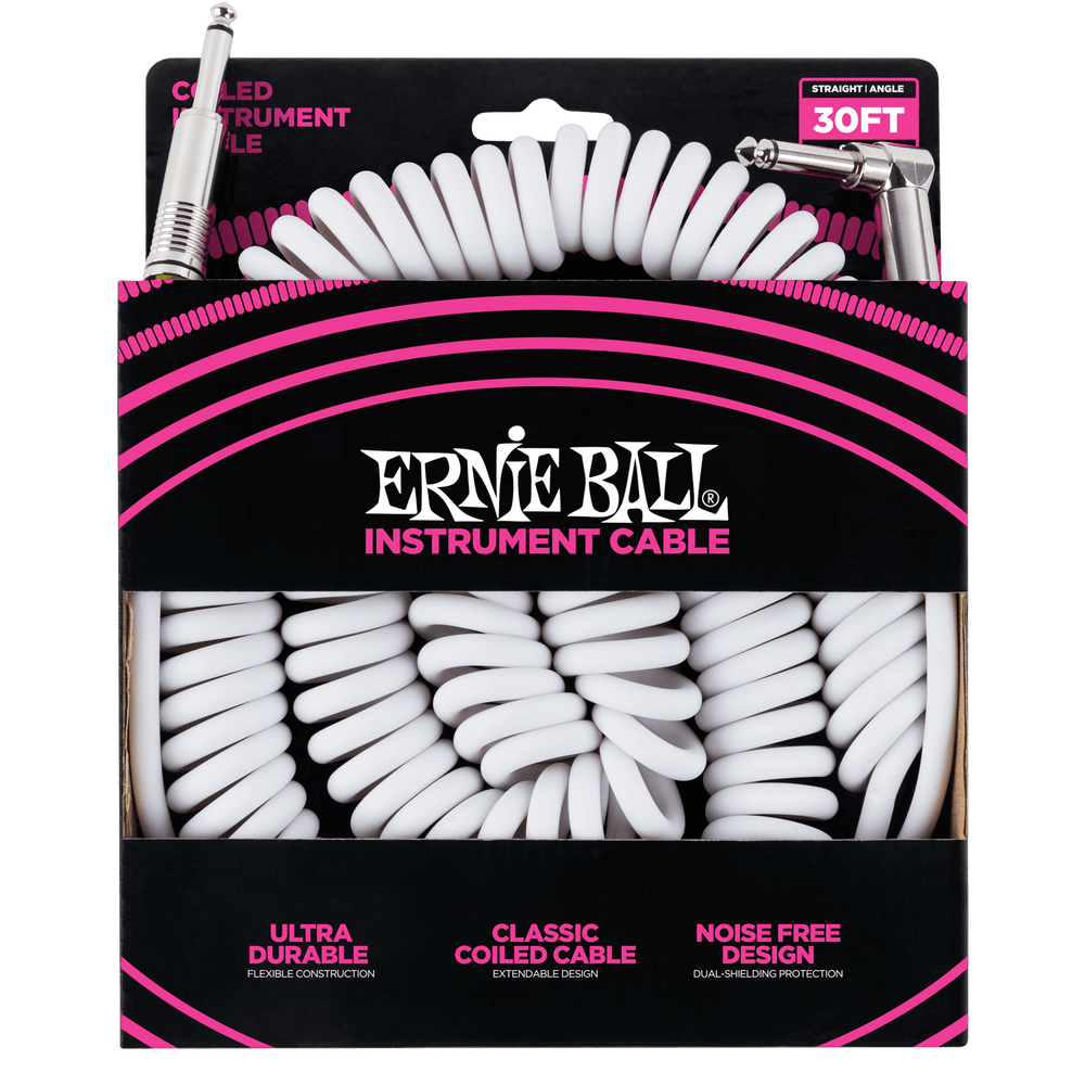 Ernie Ball 30 Coiled Straight / Angle Instrument Cable - White-Buzz Music