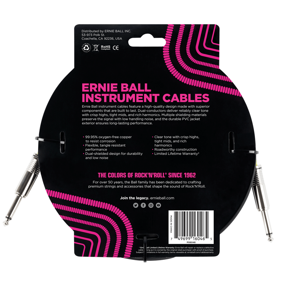 Ernie Ball 20 Straight / Straight Instrument Cable - Black-Buzz Music