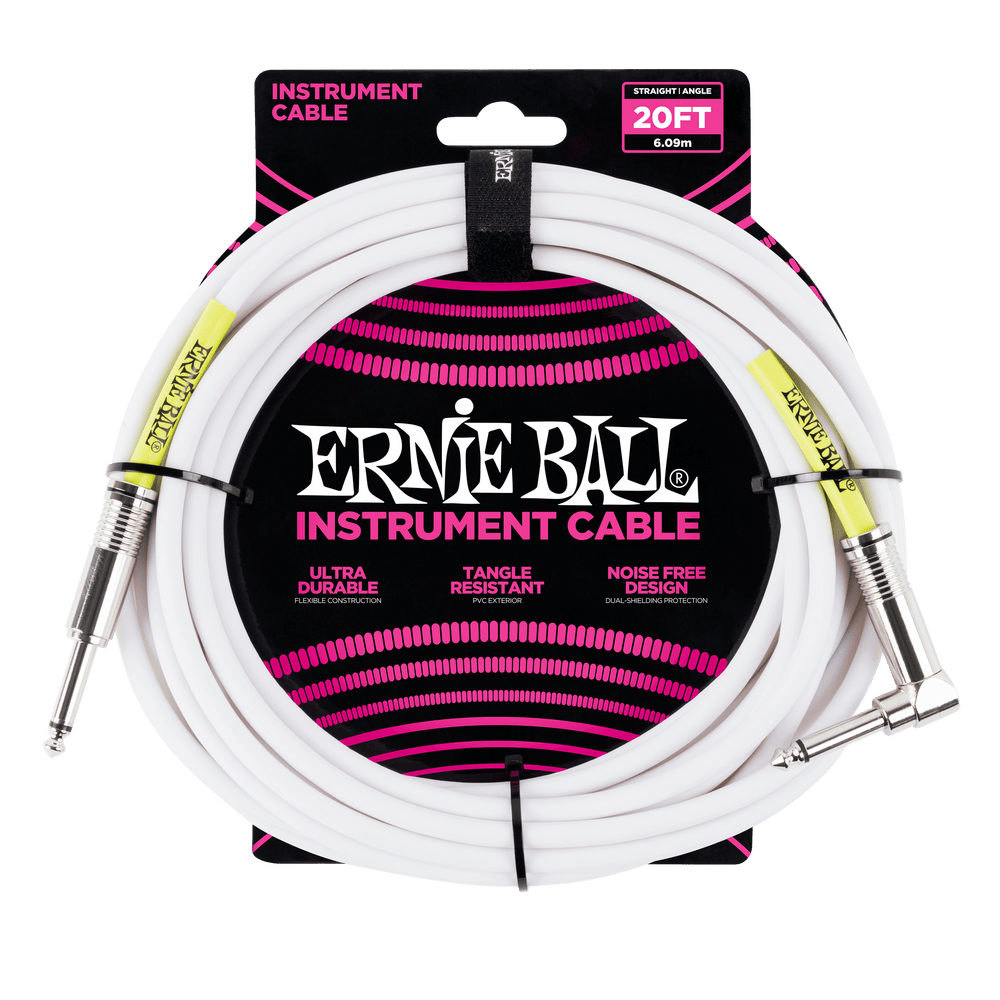 Ernie Ball 20 Straight / Angle Instrument Cable - White-Buzz Music