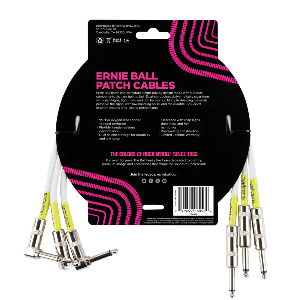 Ernie Ball 1.5 Straight / Angle Patch Cable 3-Pack - White-Buzz Music