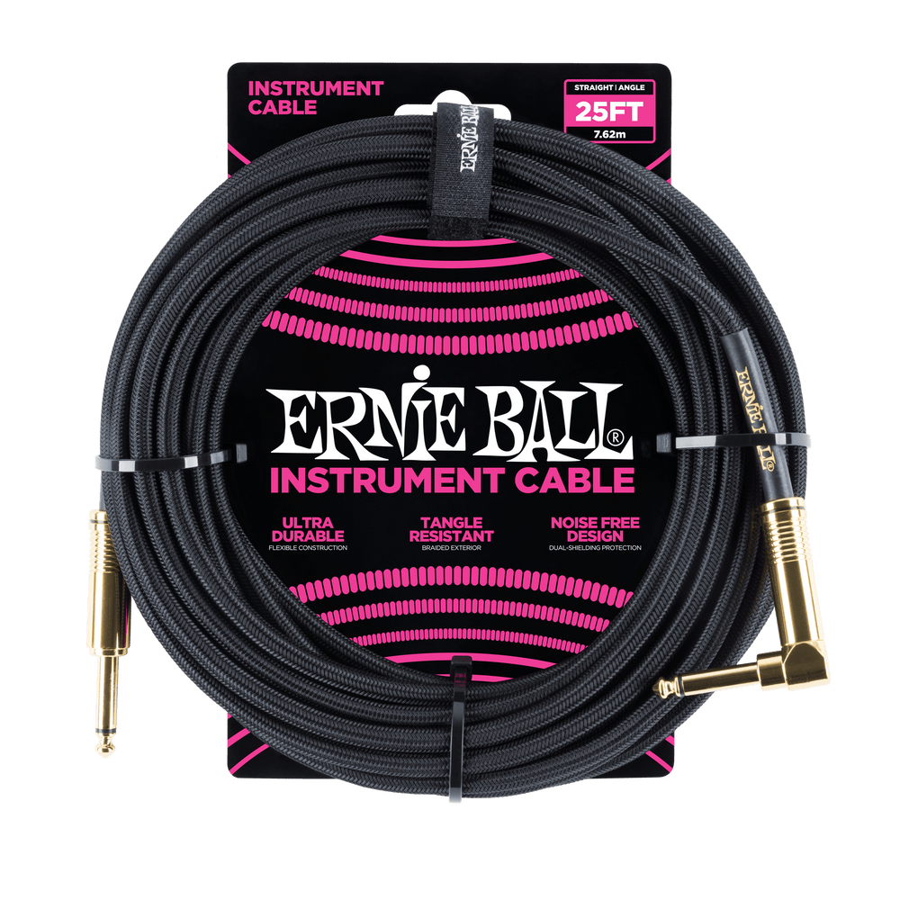 Ernie Ball 25 Braided Straight / Angle Instrument Cable - Black-Buzz Music