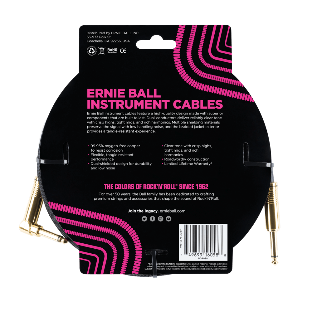 Ernie Ball 25 Braided Straight / Angle Instrument Cable - Black-Buzz Music