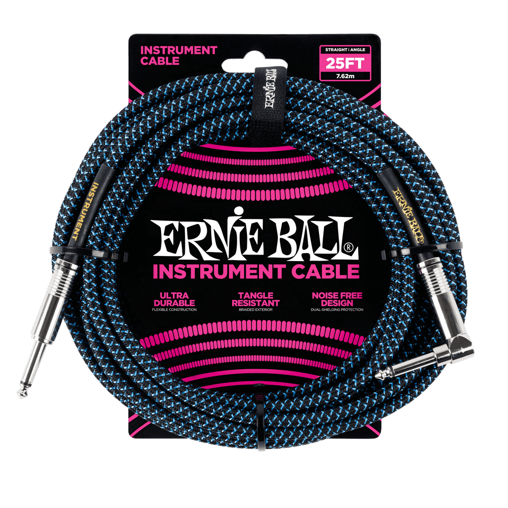 Ernie Ball 25 Braided Straight / Angle Instrument Cable - Black / Blue-Buzz Music