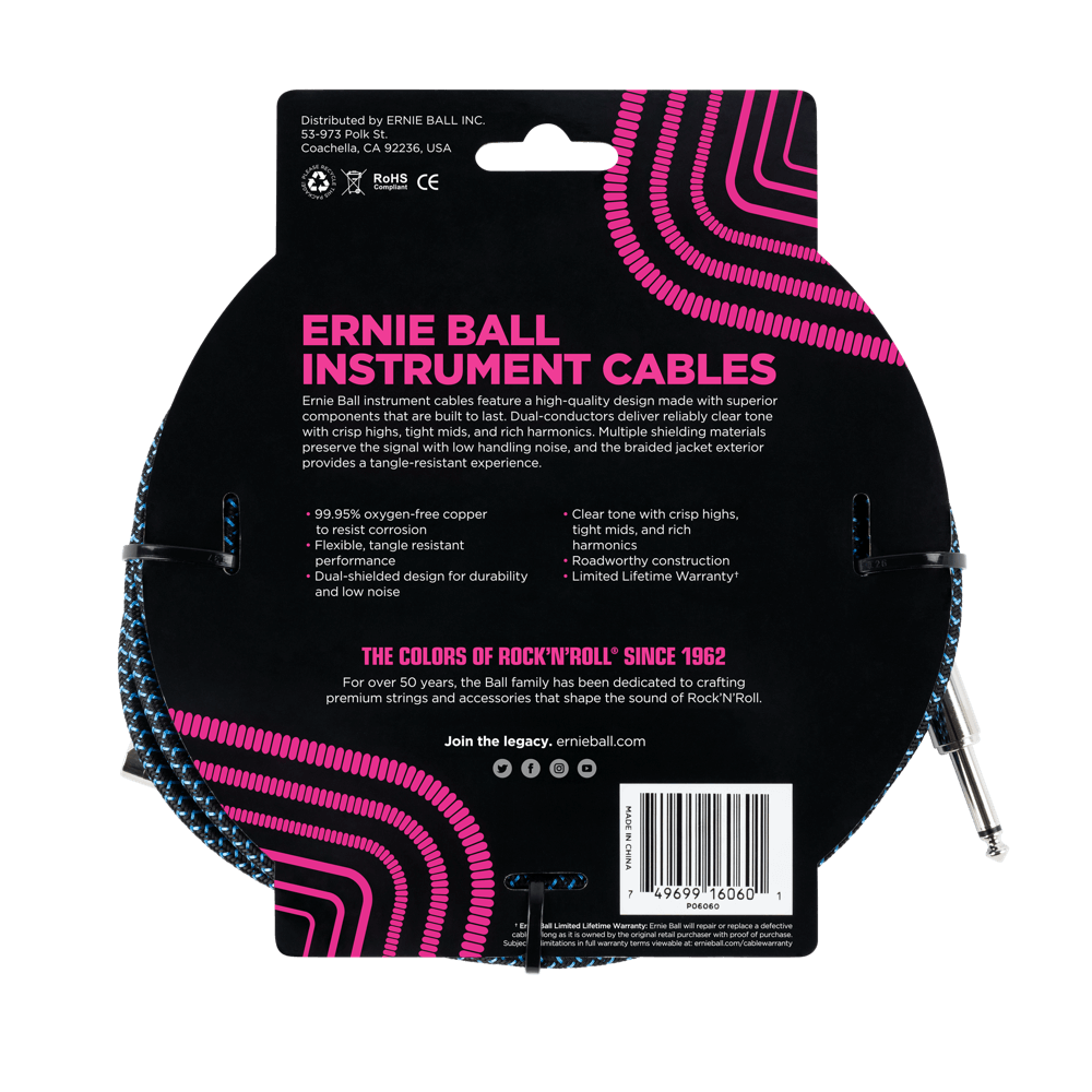 Ernie Ball 25 Braided Straight / Angle Instrument Cable - Black / Blue-Buzz Music