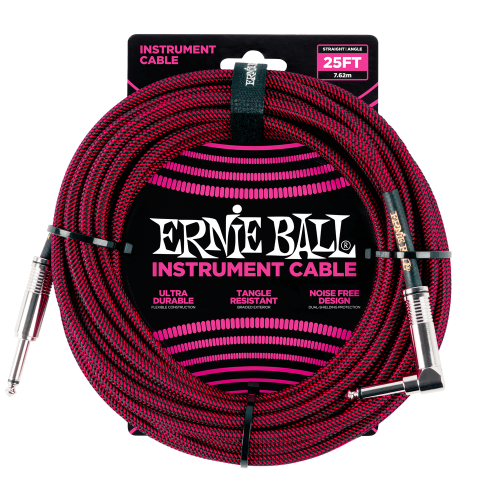 Ernie Ball 25 Braided Straight / Angle Instrument Cable - Black / Red-Buzz Music