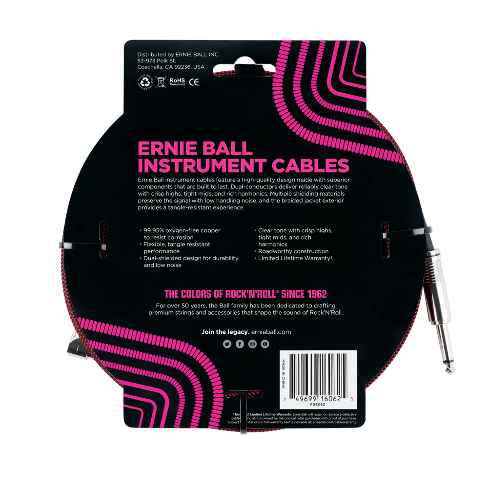 Ernie Ball 25 Braided Straight / Angle Instrument Cable - Black / Red-Buzz Music