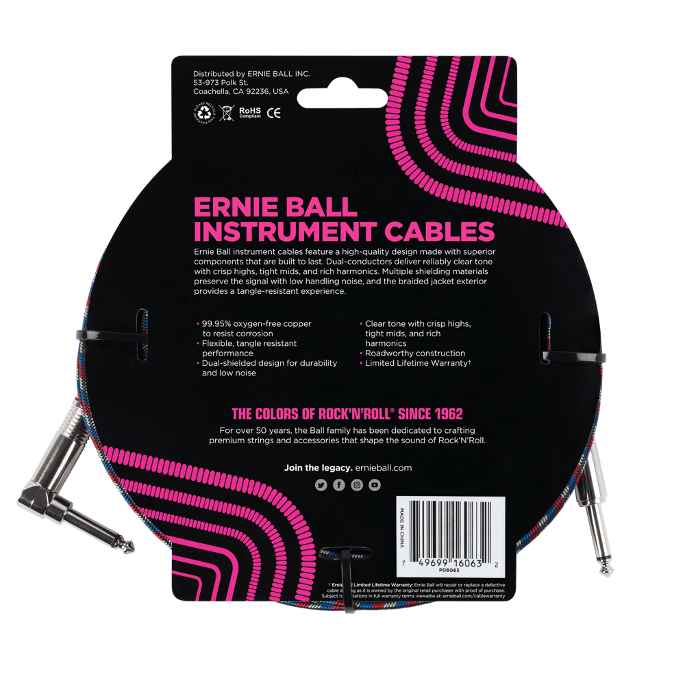 Ernie Ball 25 Braided Straight / Angle Instrument Cable - Black / Red / Blue / White-Buzz Music