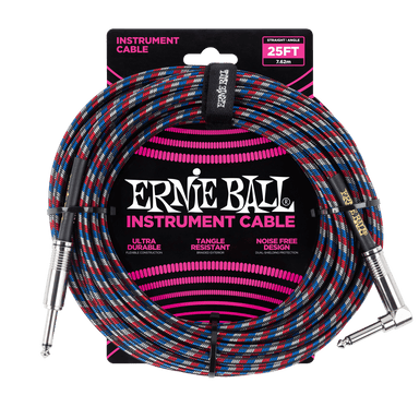 Ernie Ball 25 Braided Straight / Angle Instrument Cable - Black / Red / Blue / White-Buzz Music