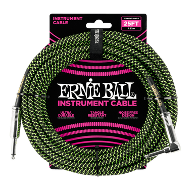 Ernie Ball 25 Braided Straight / Angle Instrument Cable - Black / Green-Buzz Music