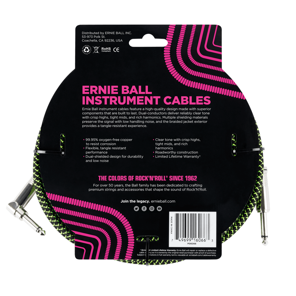 Ernie Ball 25 Braided Straight / Angle Instrument Cable - Black / Green-Buzz Music