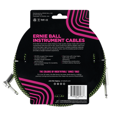 Ernie Ball 25 Braided Straight / Angle Instrument Cable - Black / Green-Buzz Music