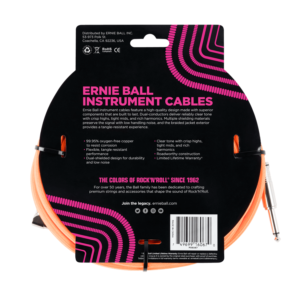 Ernie Ball 25 Braided Straight / Angle Instrument Cable - Neon Orange-Buzz Music