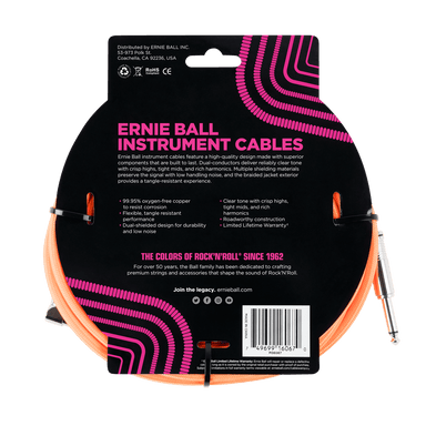 Ernie Ball 25 Braided Straight / Angle Instrument Cable - Neon Orange-Buzz Music