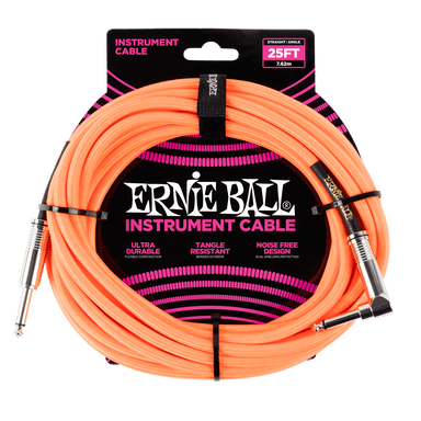 Ernie Ball 25 Braided Straight / Angle Instrument Cable - Neon Orange-Buzz Music