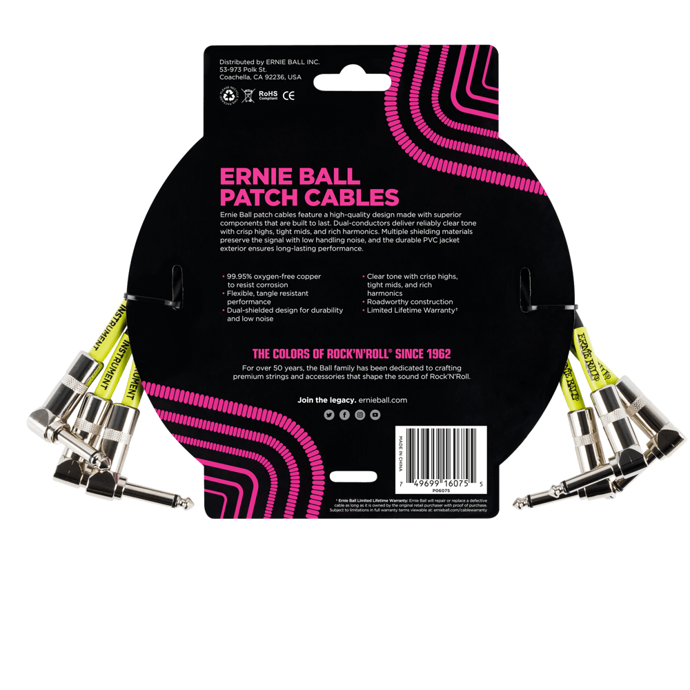 Ernie Ball 1 Angle / Angle Patch Cable 3-Pack - Black-Buzz Music