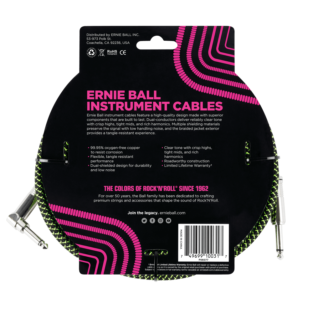 Ernie Ball 10 Braided Straight / Angle Instrument Cable - Black / Green-Buzz Music