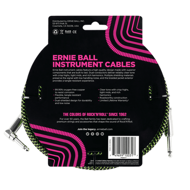 Ernie Ball 10 Braided Straight / Angle Instrument Cable - Black / Green-Buzz Music