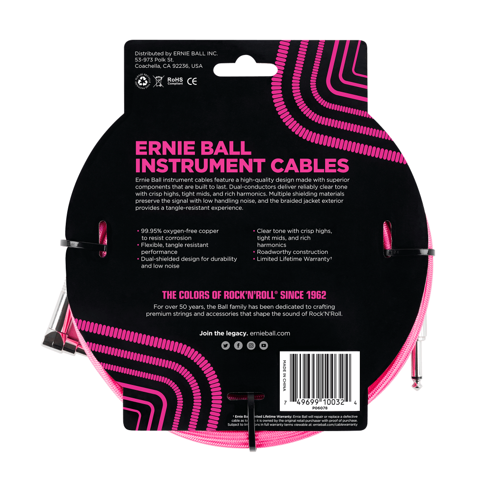 Ernie Ball 10 Braided Straight / Angle Instrument Cable - Neon Pink-Buzz Music