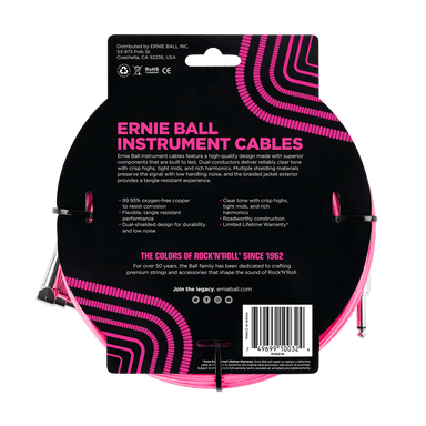 Ernie Ball 10 Braided Straight / Angle Instrument Cable - Neon Pink-Buzz Music