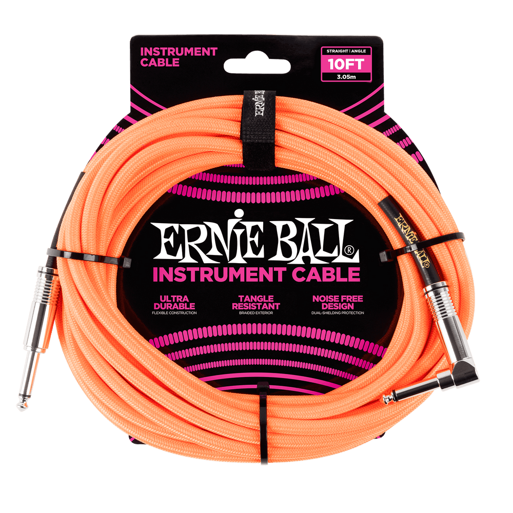 Ernie Ball 10 Braided Straight / Angle Instrument Cable - Neon Orange-Buzz Music