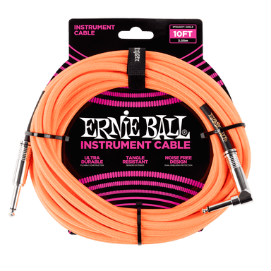 Ernie Ball 10 Braided Straight / Angle Instrument Cable - Neon Orange-Buzz Music