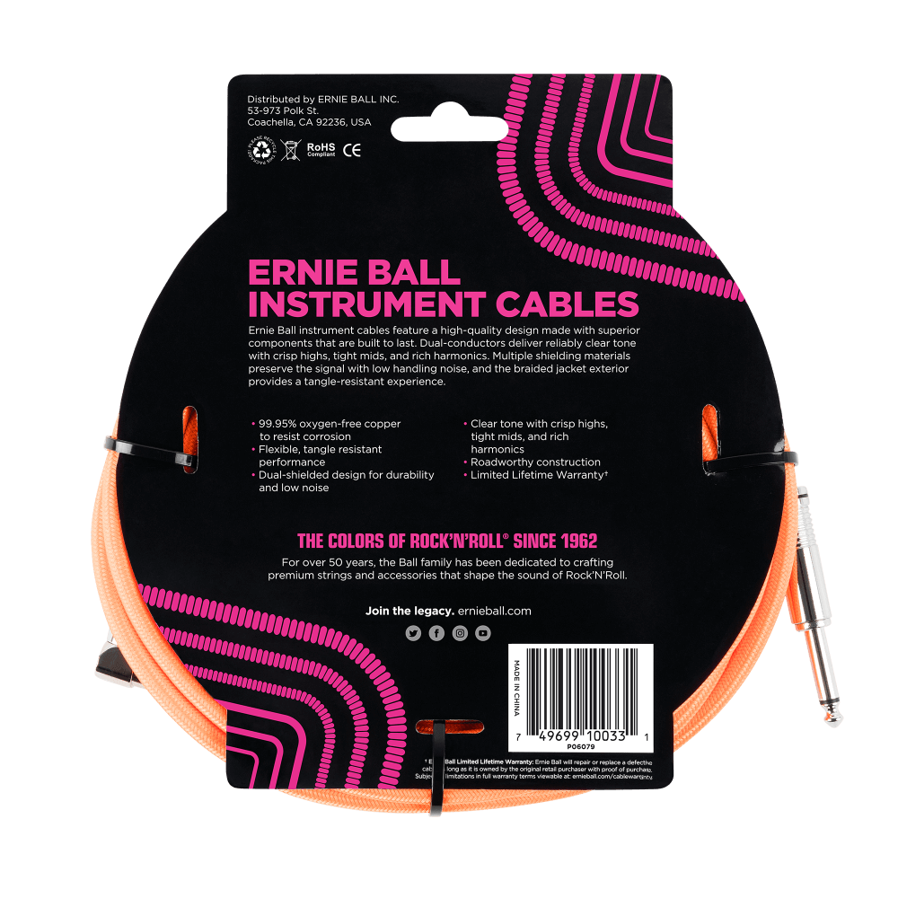 Ernie Ball 10 Braided Straight / Angle Instrument Cable - Neon Orange-Buzz Music