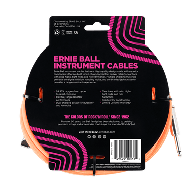 Ernie Ball 10 Braided Straight / Angle Instrument Cable - Neon Orange-Buzz Music