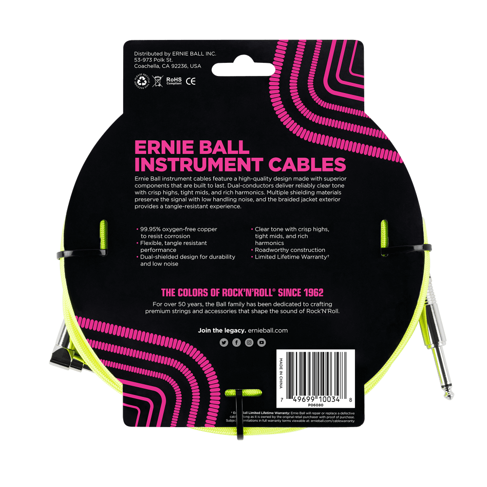 Ernie Ball 10 Braided Straight / Angle Instrument Cable Neon - Yellow-Buzz Music