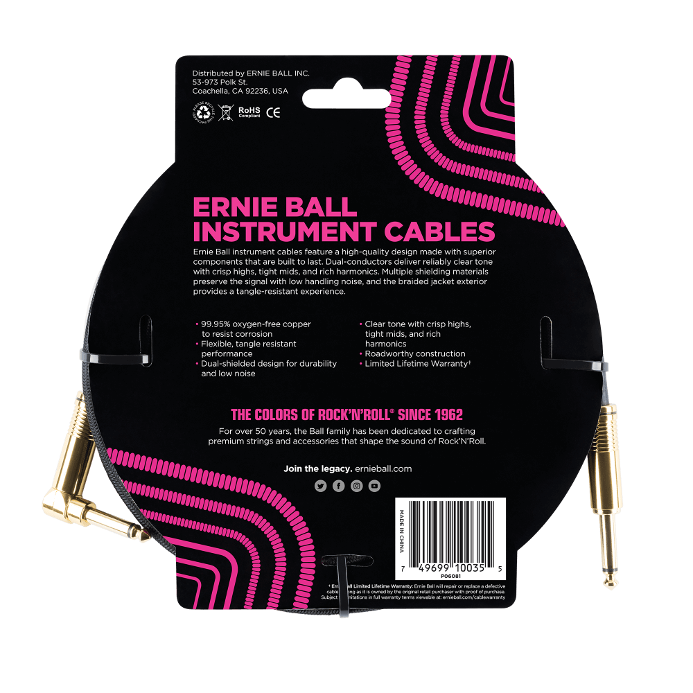 Ernie Ball 10 Braided Straight / Angle Instrument Cable - Black-Buzz Music