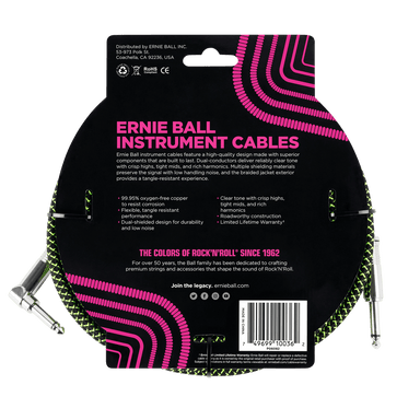 Ernie Ball 18 Braided Straight / Angle Instrument Cable - Black / Green-Buzz Music