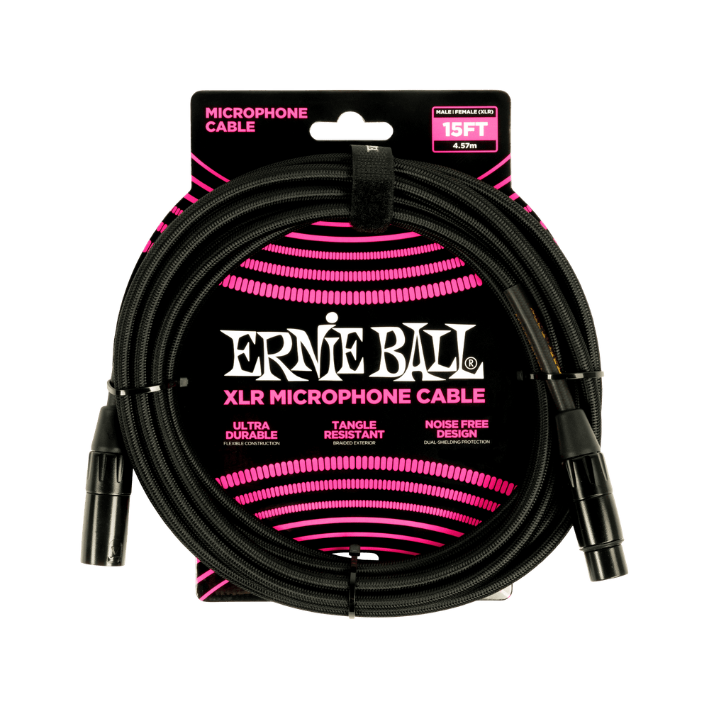 Ernie Ball 15Ft Braided Male Female Xlr Microphone Cable Black-Buzz Music