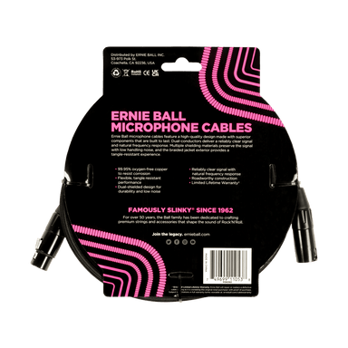 Ernie Ball 20Ft Braided Male Female Xlr Microphone Cable Black-Buzz Music