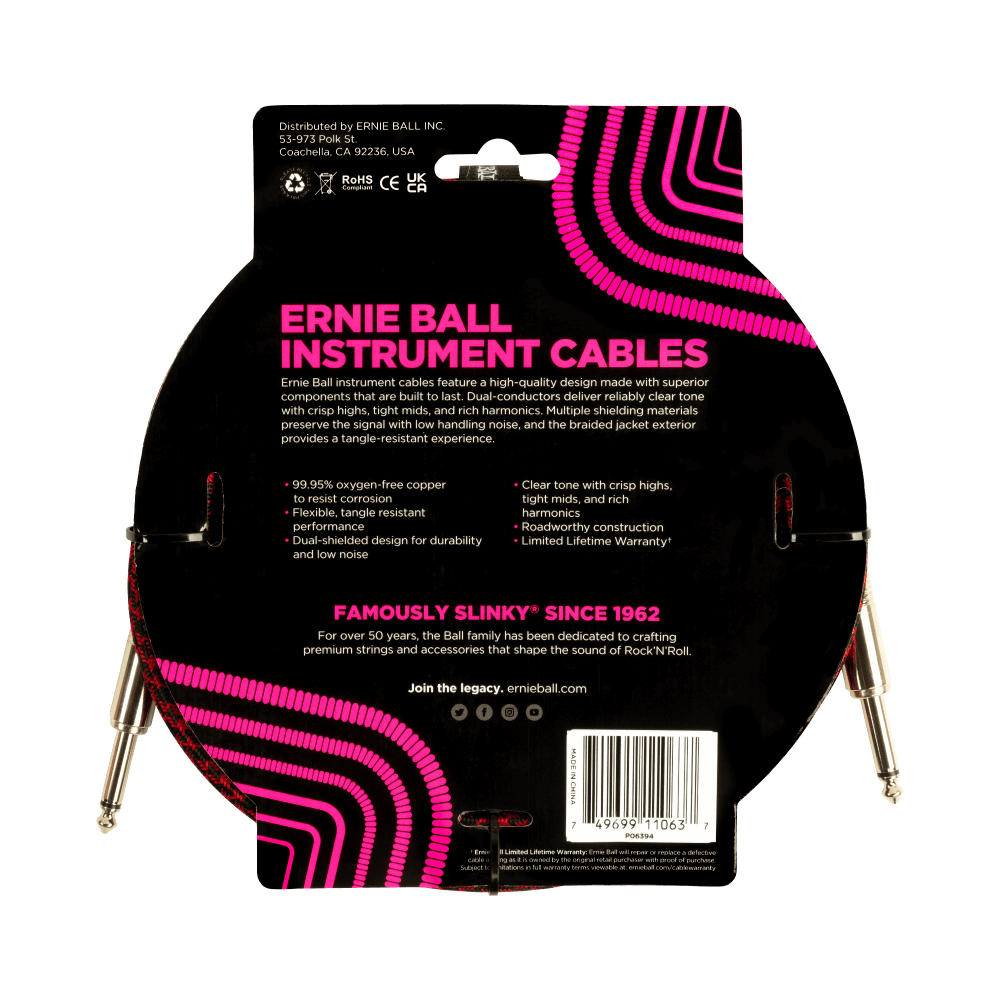 Ernie Ball 10Ft Braided Straight Straight Inst Cable Red Black-Buzz Music