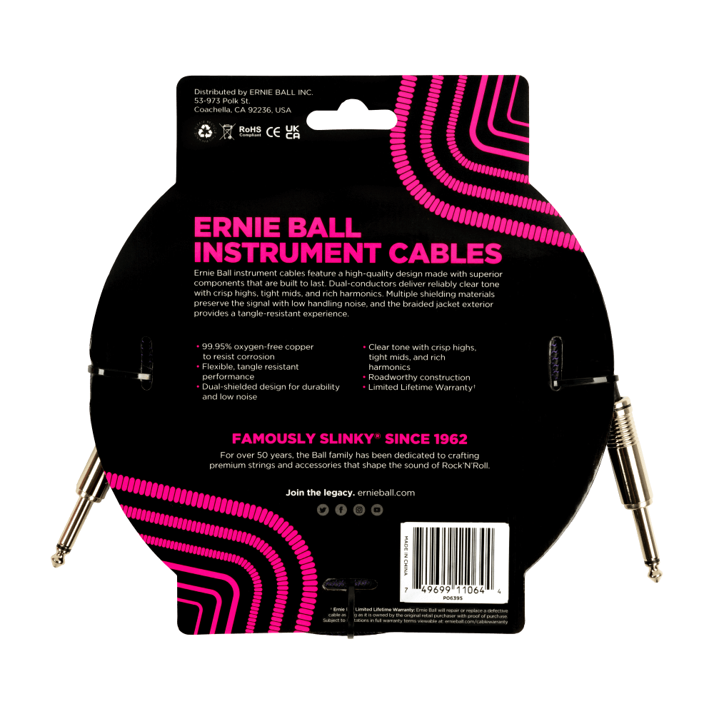 Ernie Ball 18Ft Braided Straight Straight Inst Cable Purple Black-Buzz Music