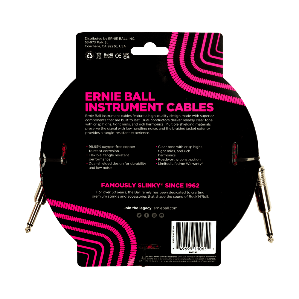 Ernie Ball 18Ft Braided Straight Straight Inst Cable Red Black-Buzz Music