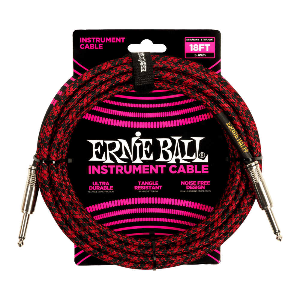 Ernie Ball 18Ft Braided Straight Straight Inst Cable Red Black-Buzz Music