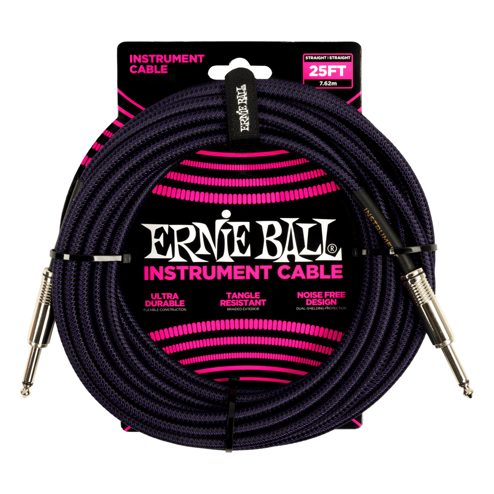 Ernie Ball 25Ft Braided Straight Straight Inst Cable Purple Black-Buzz Music