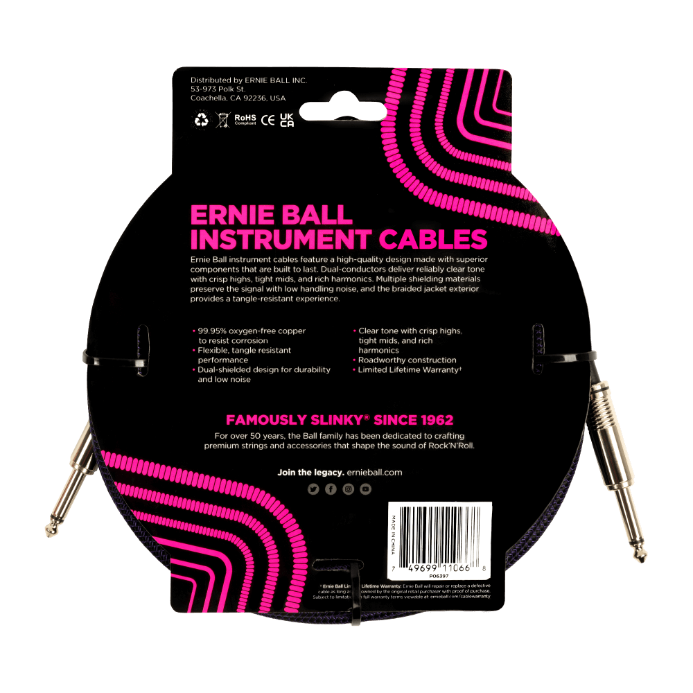 Ernie Ball 25Ft Braided Straight Straight Inst Cable Purple Black-Buzz Music