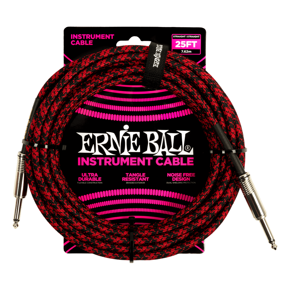 Ernie Ball 25Ft Braided Straight Straight Inst Cable Red Black-Buzz Music