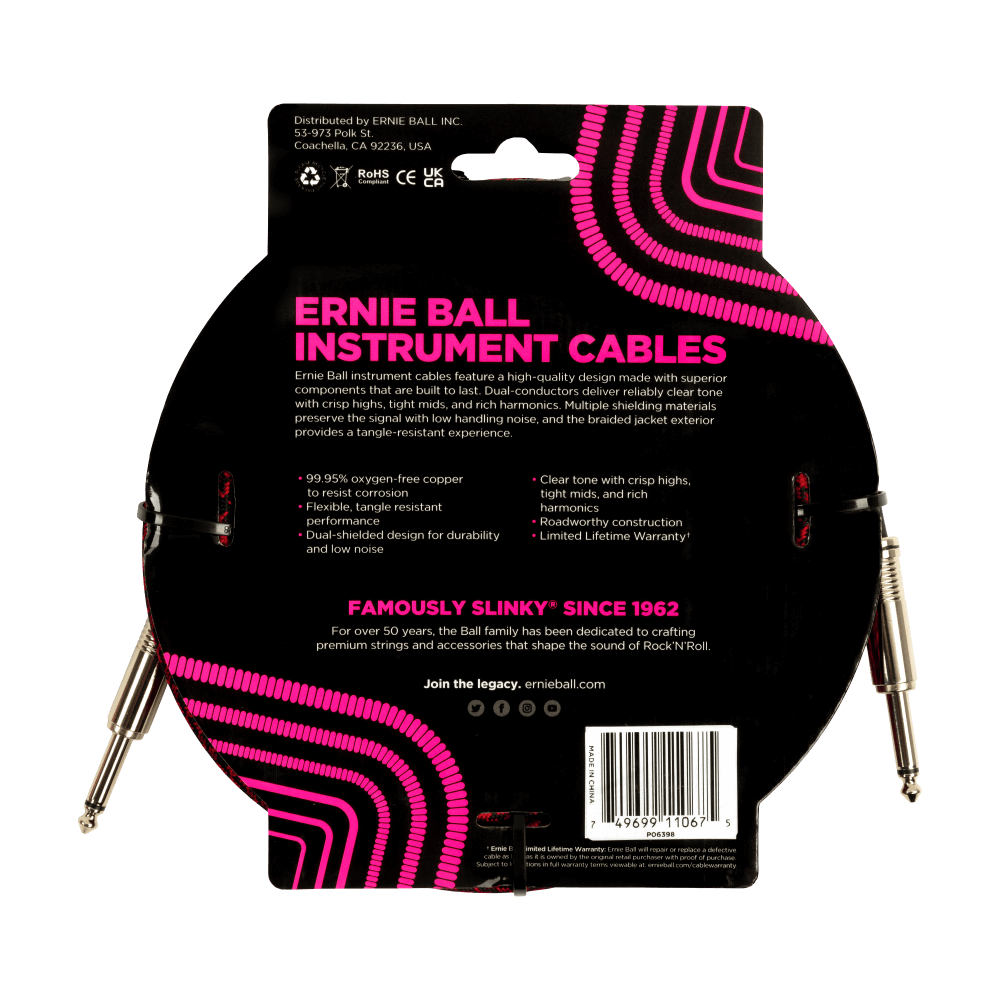 Ernie Ball 25Ft Braided Straight Straight Inst Cable Red Black-Buzz Music