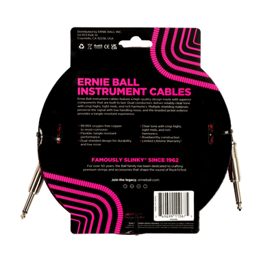 Ernie Ball 25Ft Braided Straight Straight Inst Cable Red Black-Buzz Music