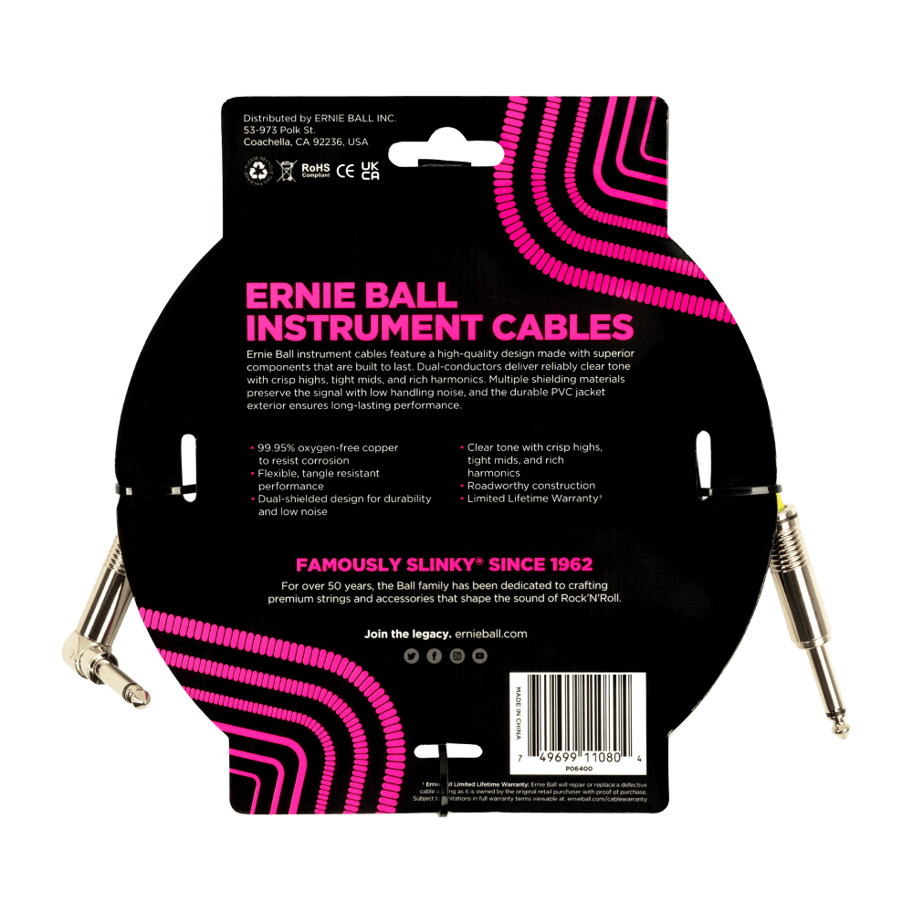 Ernie Ball 15Ft Pvc Straight Angle Inst Cable White-Buzz Music