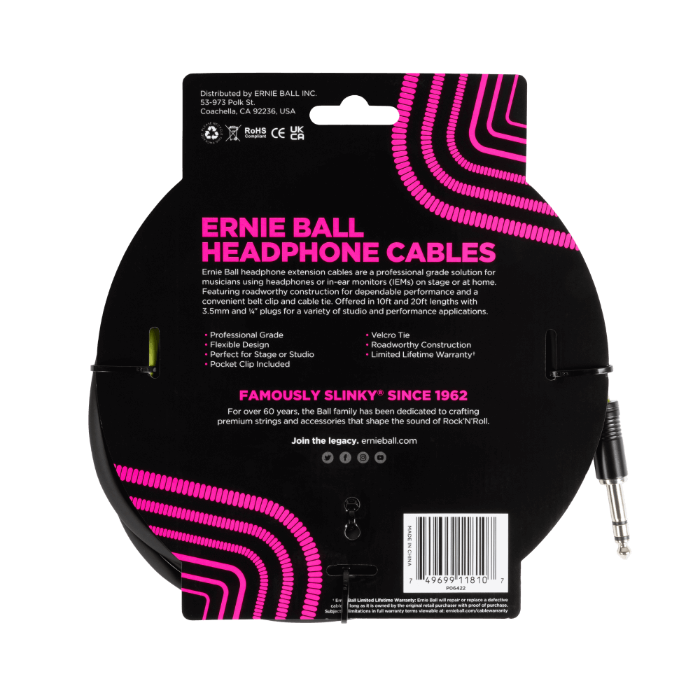 Ernie Ball Headphone Extension Cable 1/4 To 3.5Mm 10Ft - Black-Buzz Music