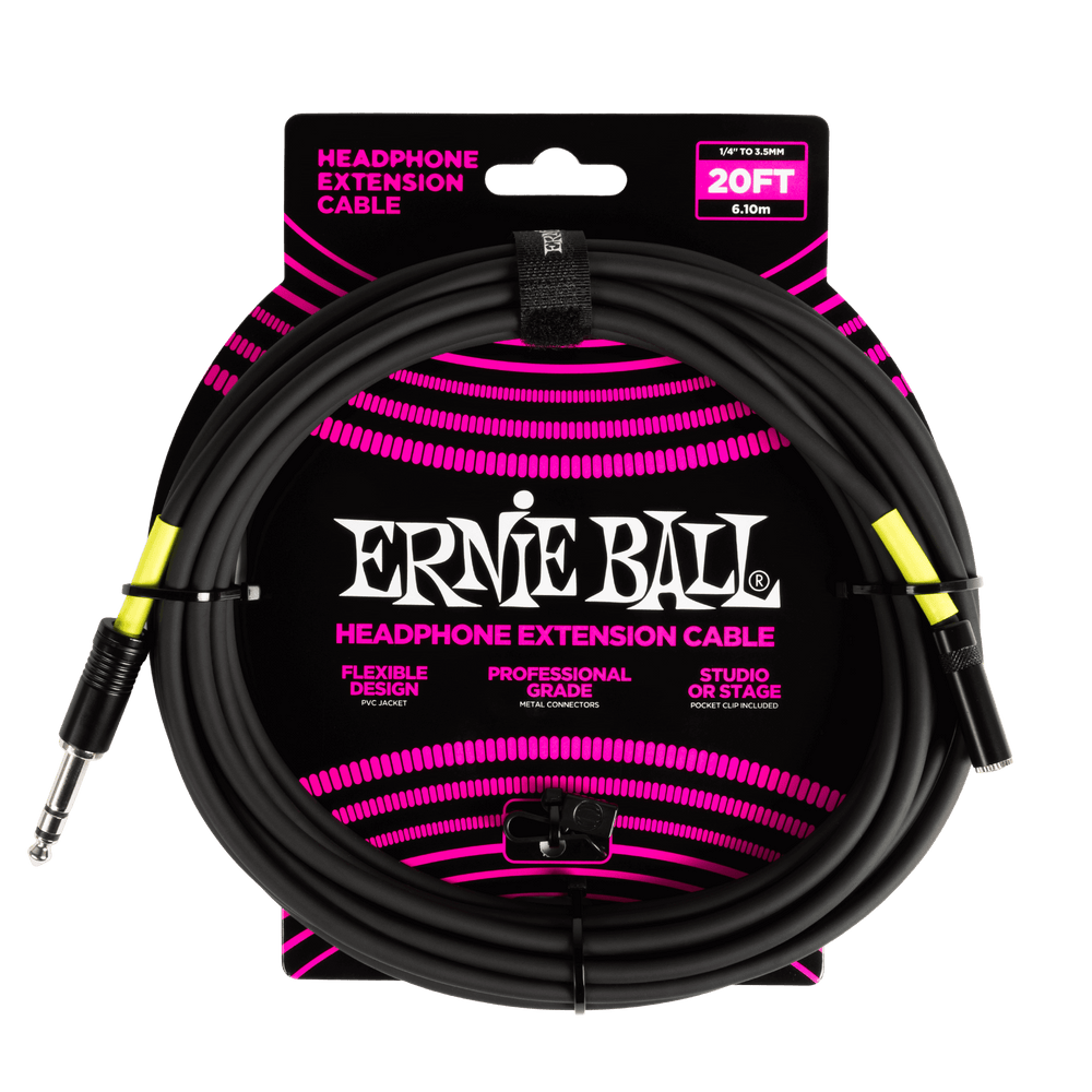 Ernie Ball Headphone Extension Cable 1/4 To 3.5Mm 20Ft - Black-Buzz Music